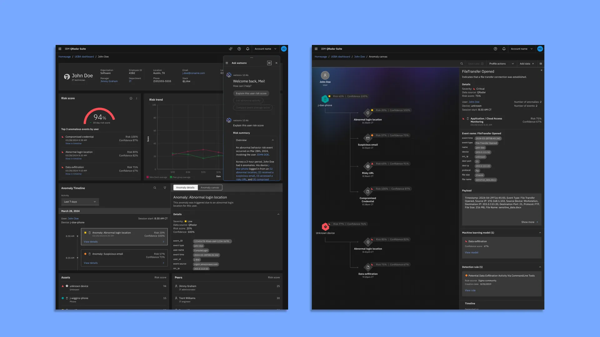 The new UEBA product shown across two screens