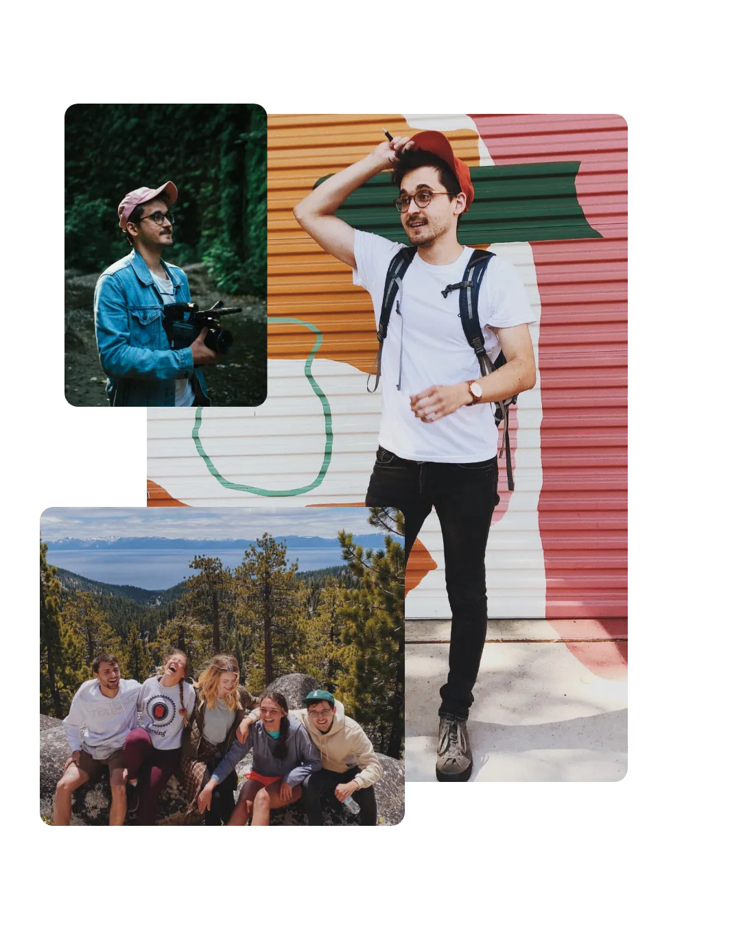 A collage of three photos of Alex: taking pictures in a forest, standing against a painted mural, and sitting with friends on a mountain overlook