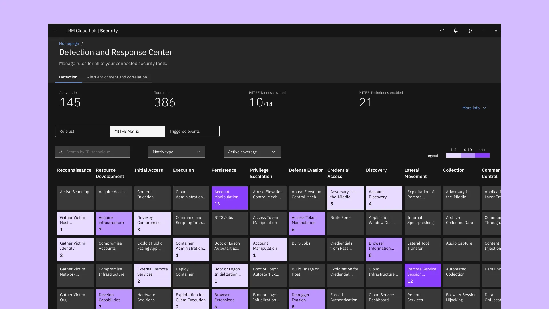 The redesigned MITRE ATT&amp;CK coverage experience in Detection and Response Center, as delivered