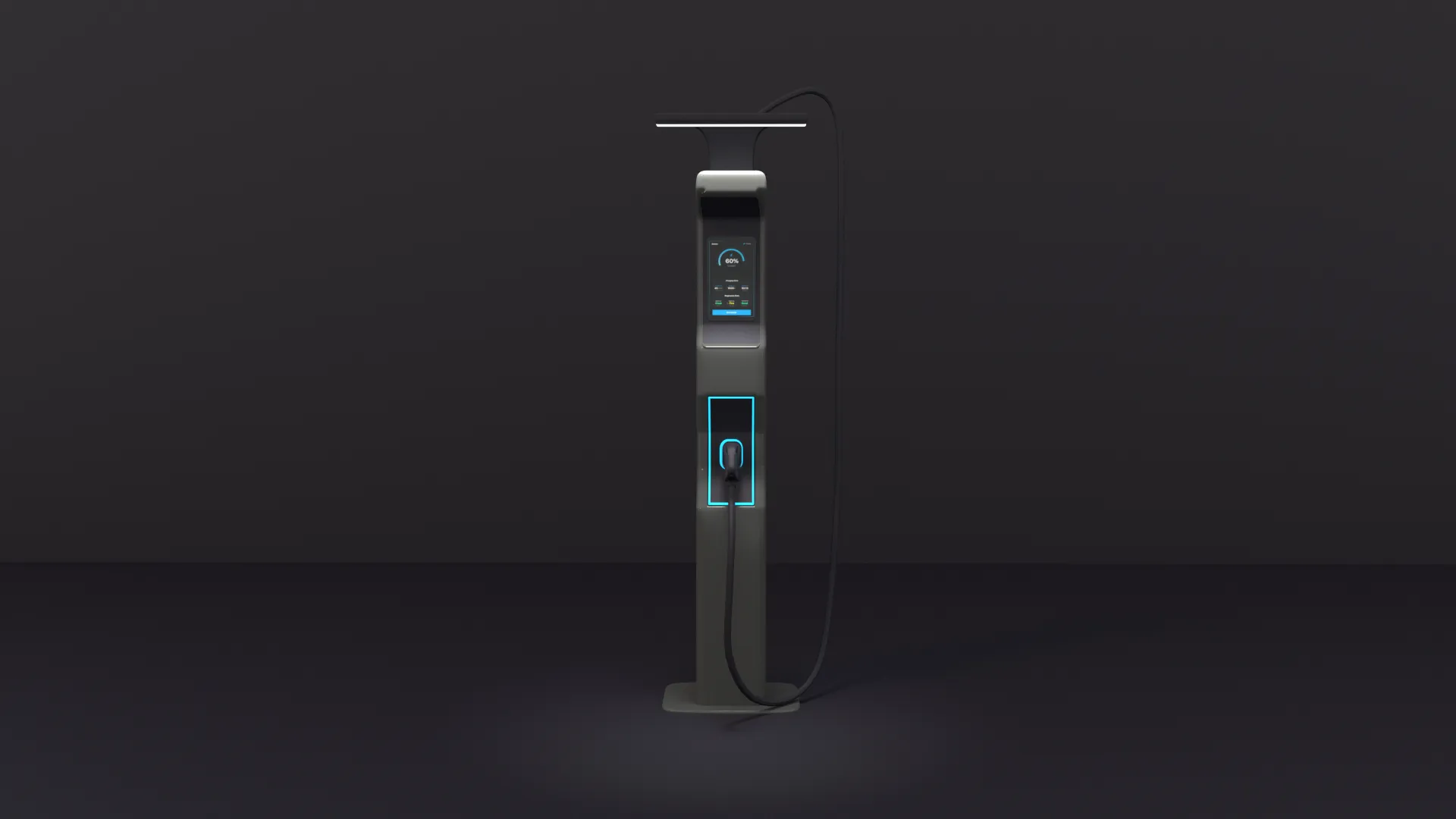 The finished Electek charger render, a slim dark pillar with a lit screen against a plum background