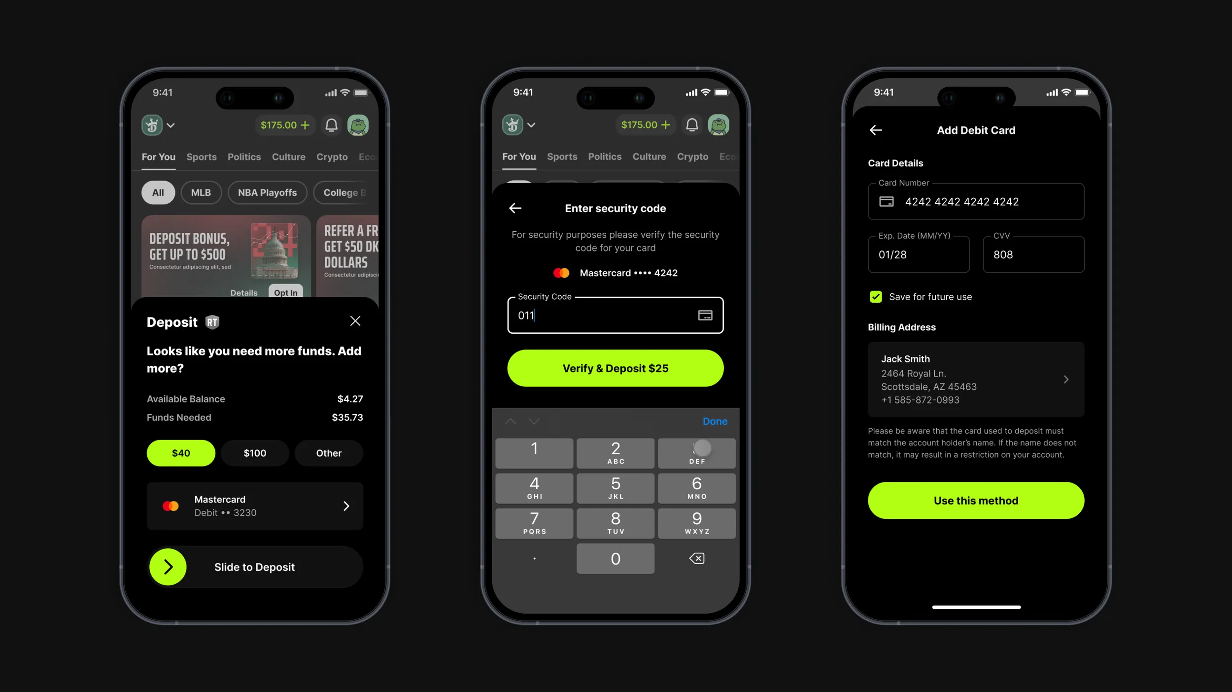 The embedded deposit flow in the new theme: an insufficient-funds prompt showing the balance and the shortfall, the security-code step, and adding a debit card
