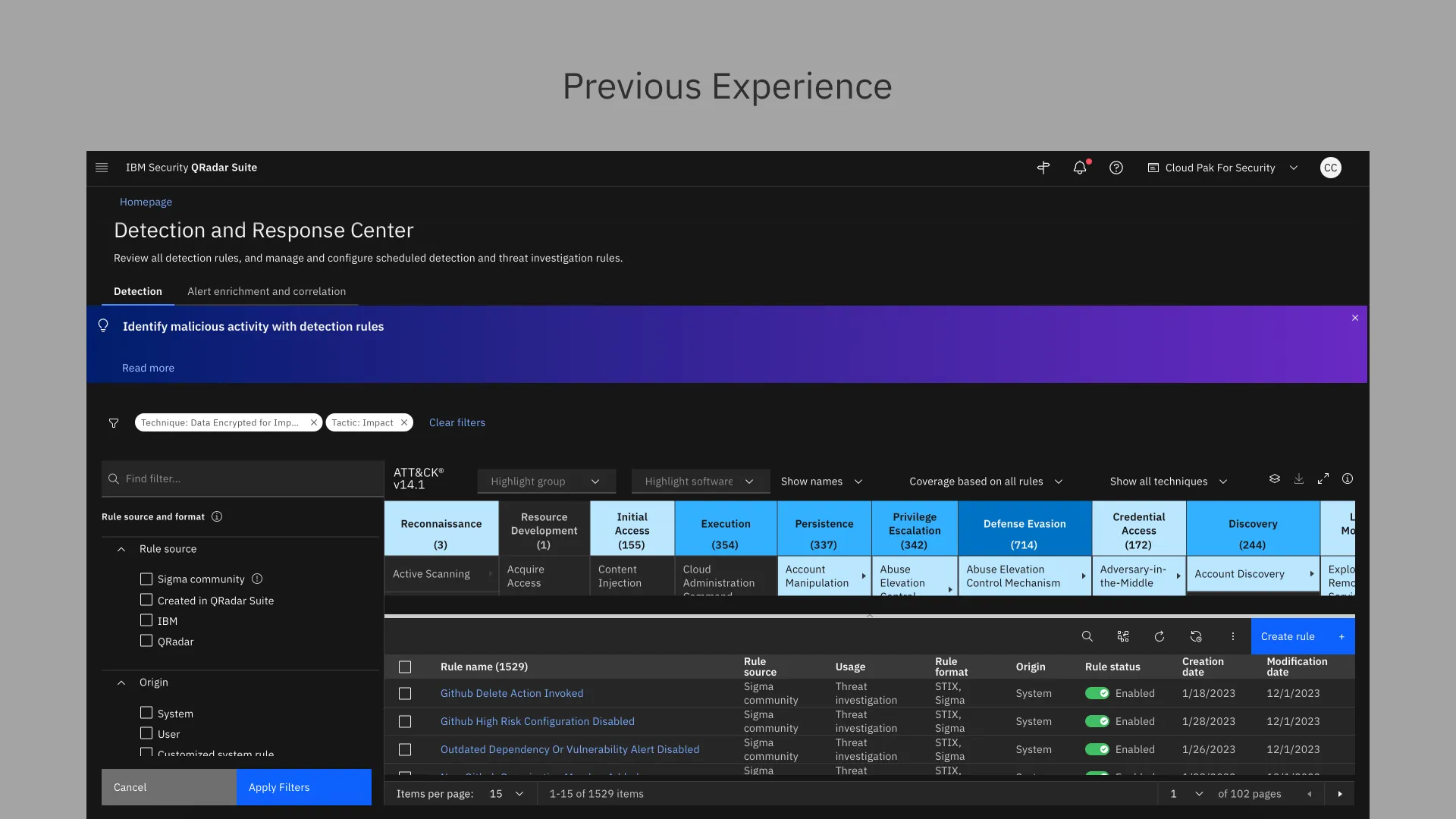 The previous MITRE ATT&amp;CK experience in QRadar, before the redesign