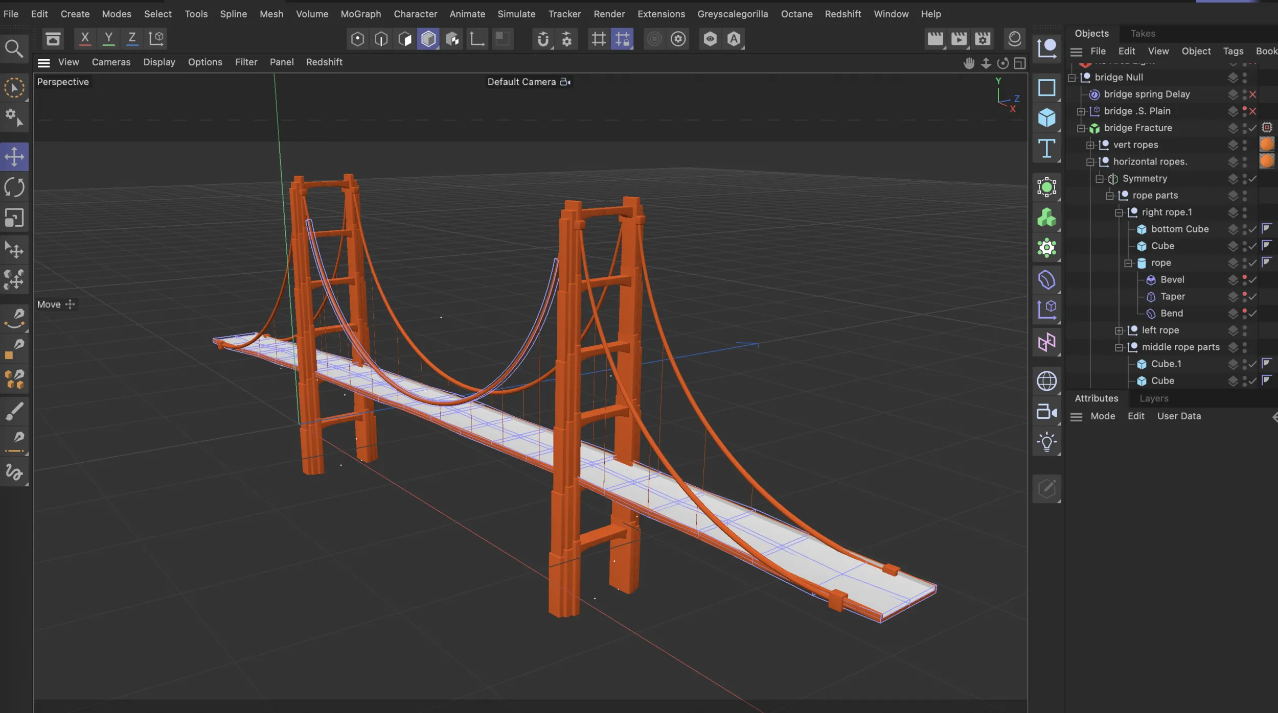 Cinema4D viewport with the Golden Gate Bridge modelled in orange, its towers and suspension cables laid out over the grid