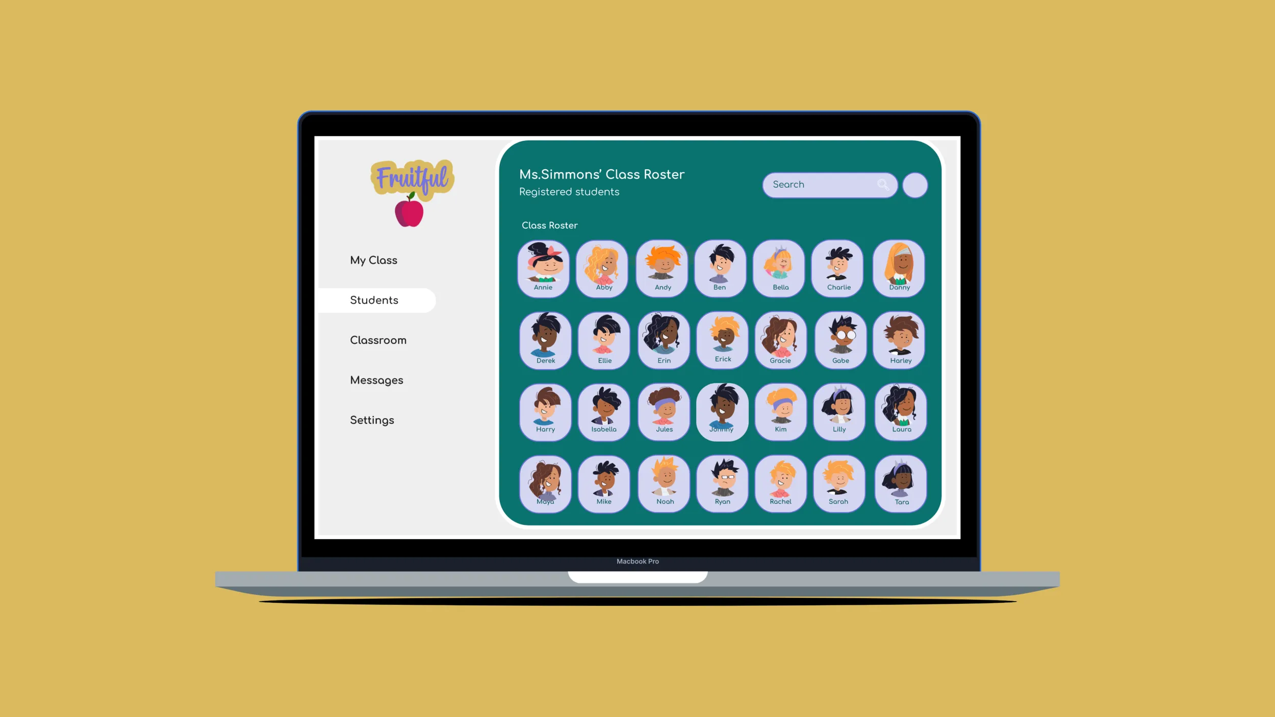 The Fruitful teacher view on a laptop, a class roster of student avatars in a teal panel