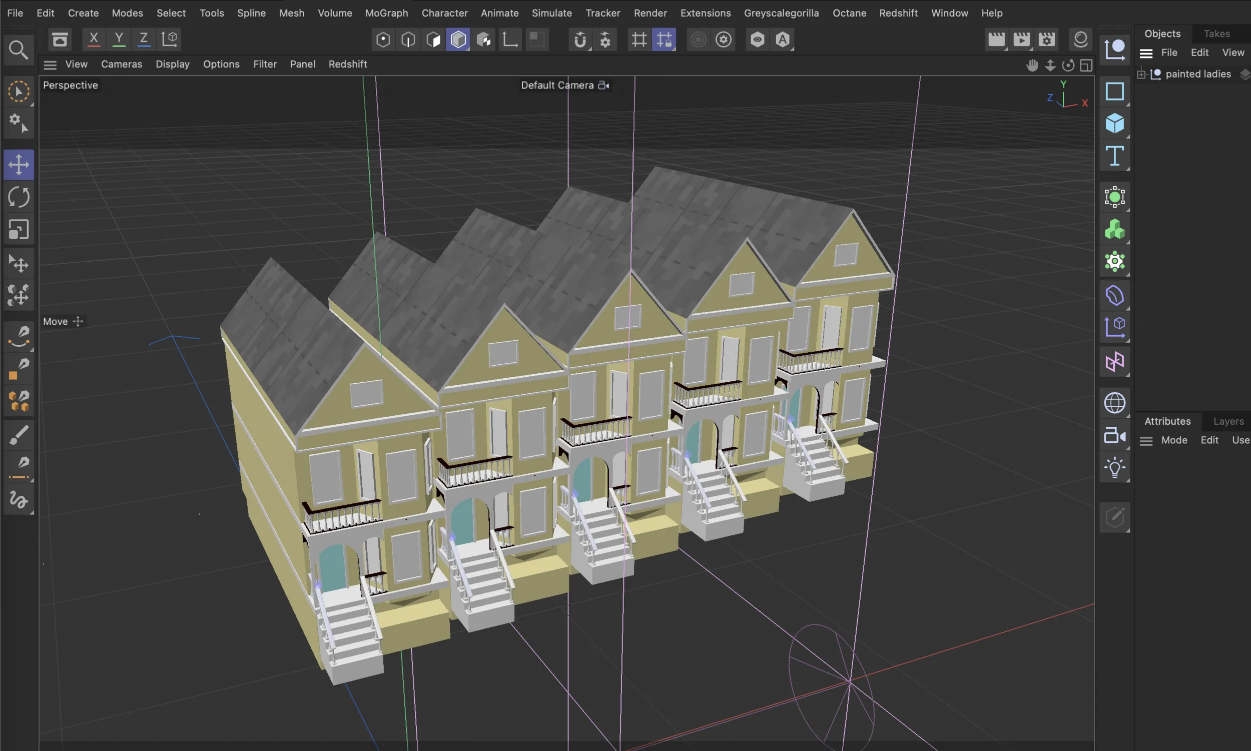 Cinema4D viewport of a row of San Francisco Painted Ladies, modelled with their stoops and bay windows