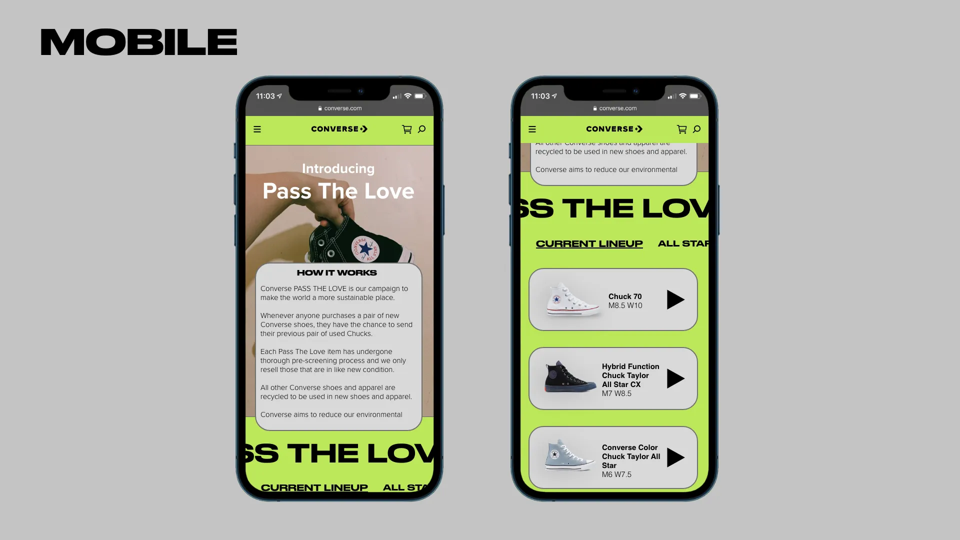 Hi-fi mockup of the Pass The Love landing experience in lime green