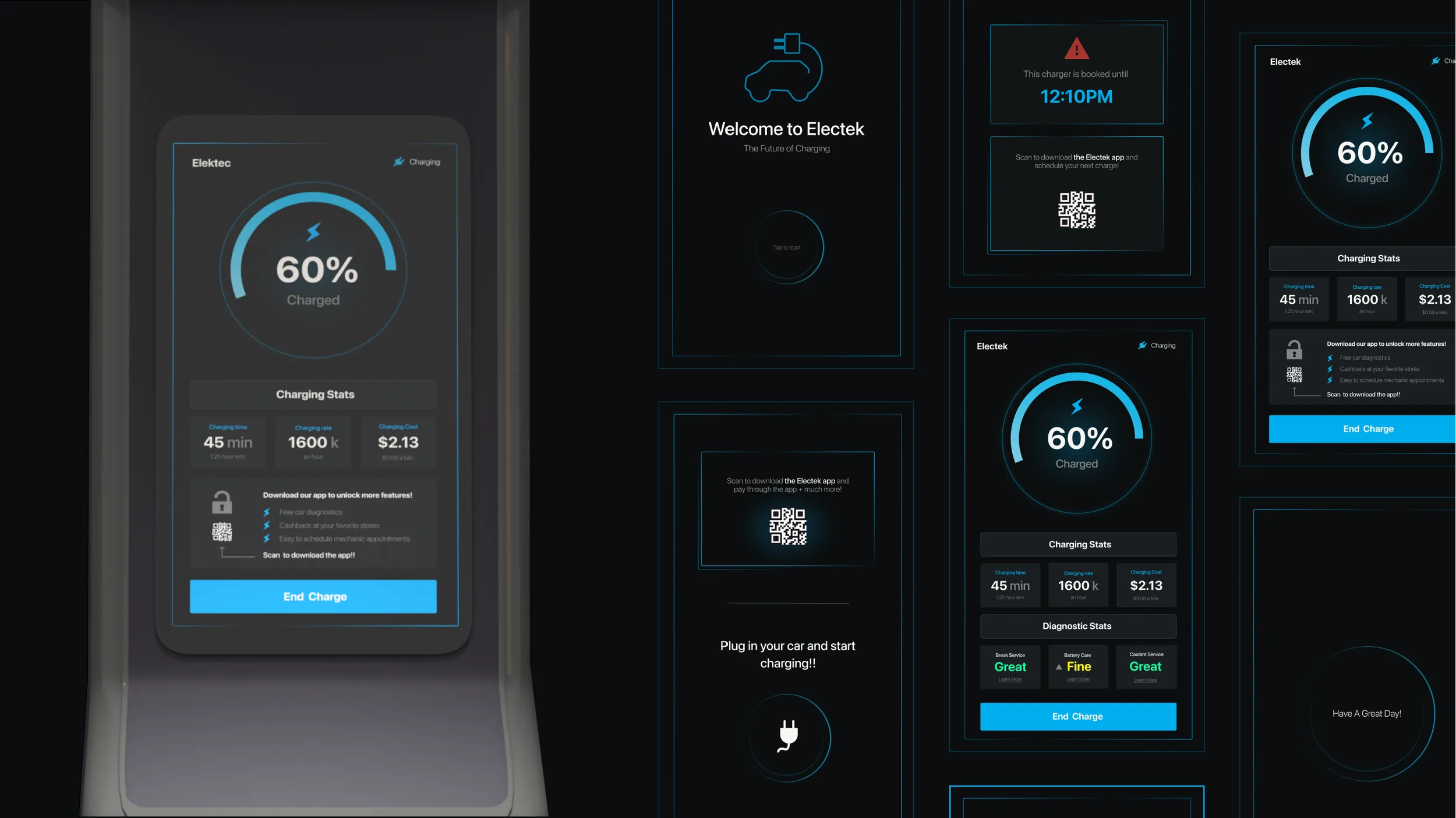 The charging station’s own screen — a 60% charge dial, a welcome state and a payment step