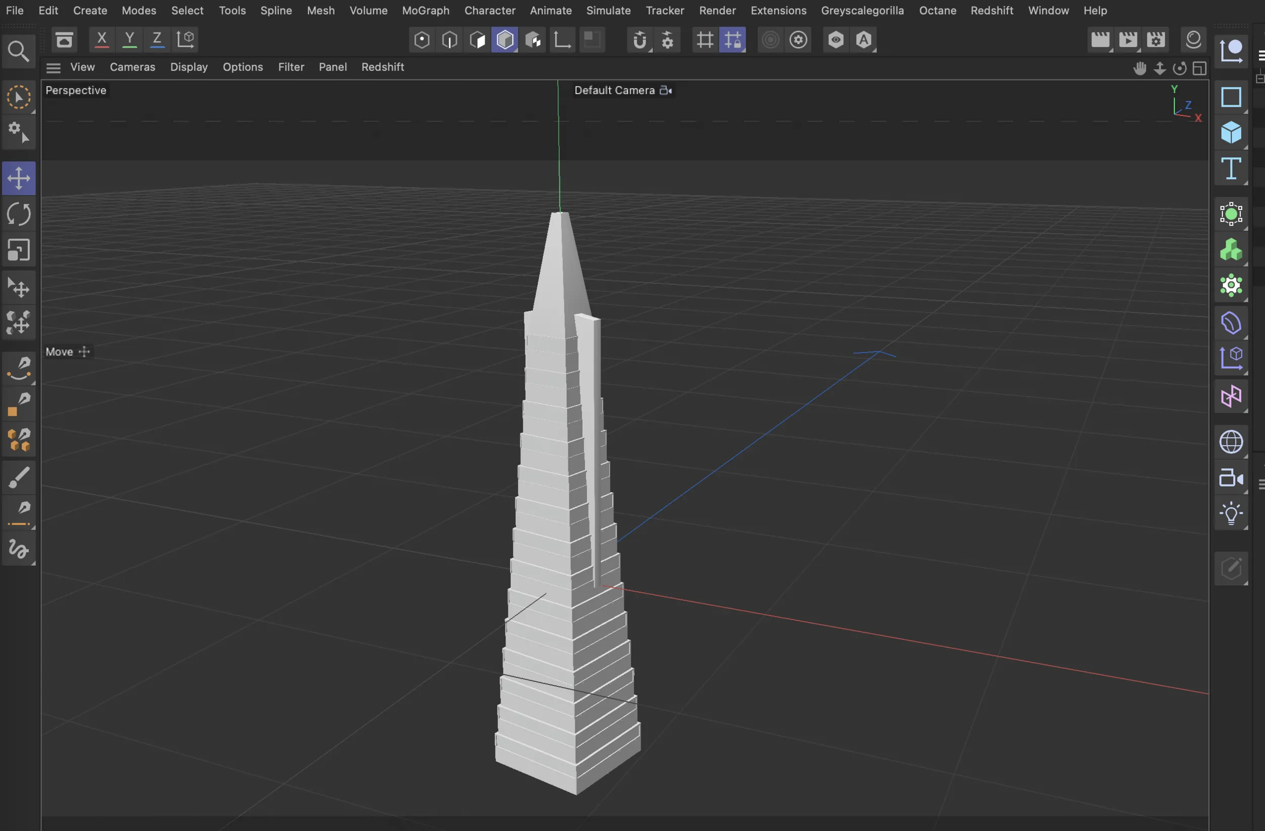 Cinema4D viewport of the Transamerica Pyramid modelled as a stepped white spire