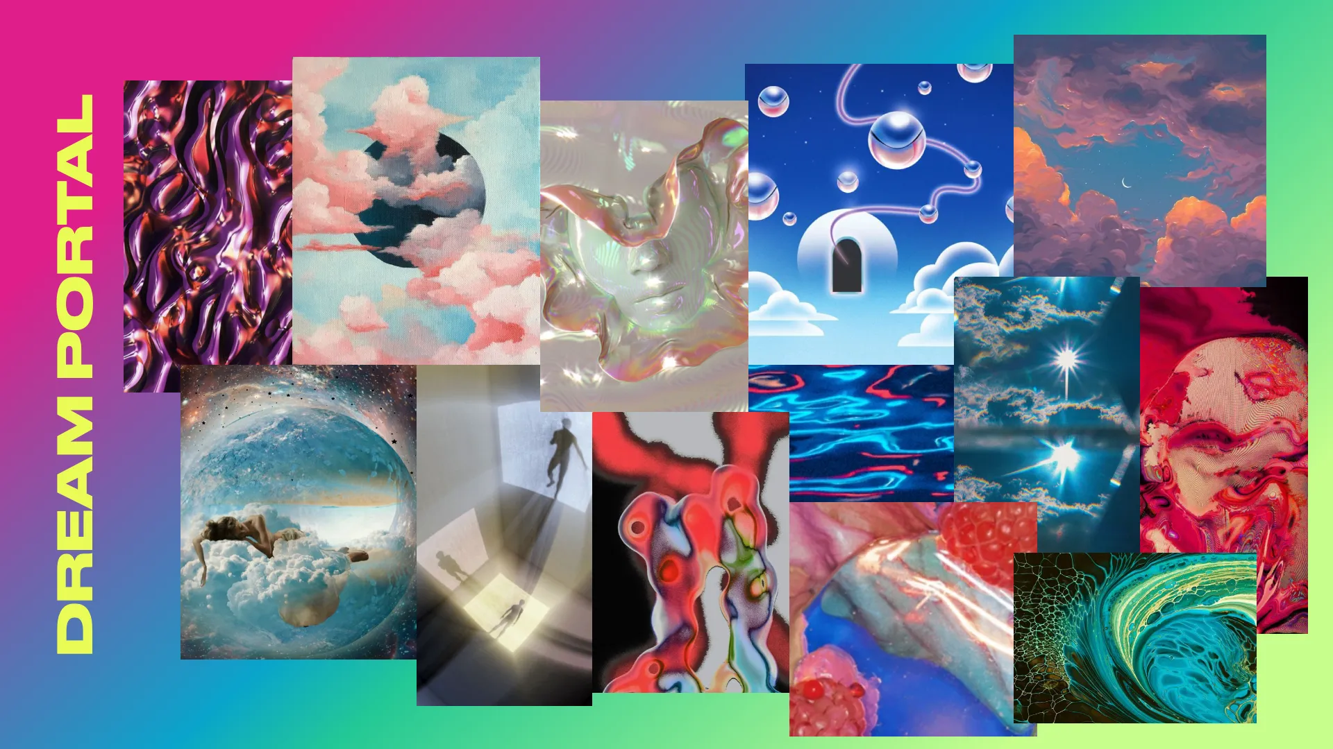 Dream Portal mood board: a tiled collage of surreal cloudscapes, iridescent textures and digital portraits, titled in green over a magenta-to-blue gradient