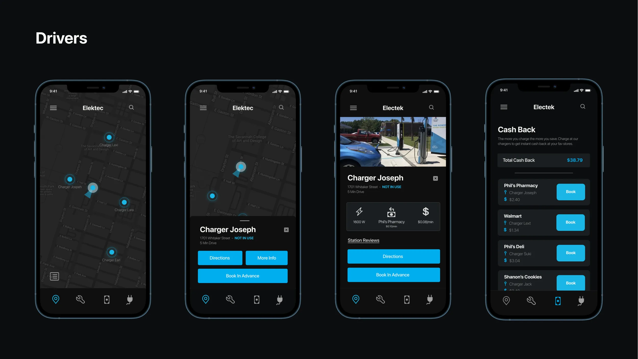 Drivers section: station map, route to a charger, charger detail and a cash-back screen