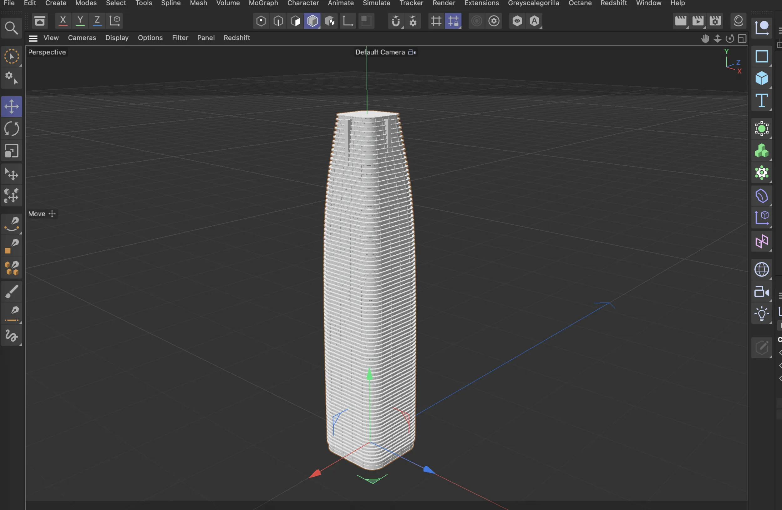 Cinema4D viewport of the Salesforce Tower modelled as a ribbed tapering cylinder