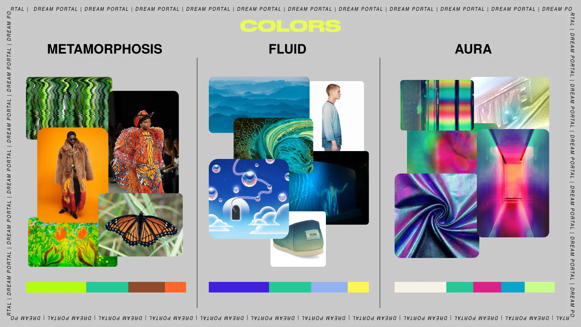 Colours slide with three palettes side by side — Metamorphosis in greens and orange, Fluid in blues, Aura in iridescent magenta and violet — each with swatches beneath