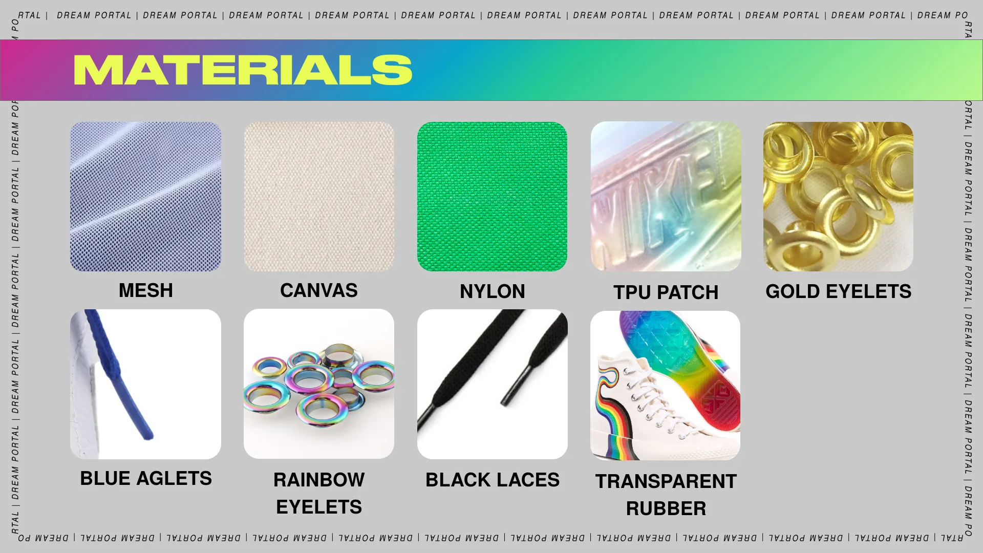 Materials slide showing eight swatches: mesh, canvas, nylon, TPU patch, gold eyelets, blue aglets, rainbow eyelets, black laces and transparent rubber