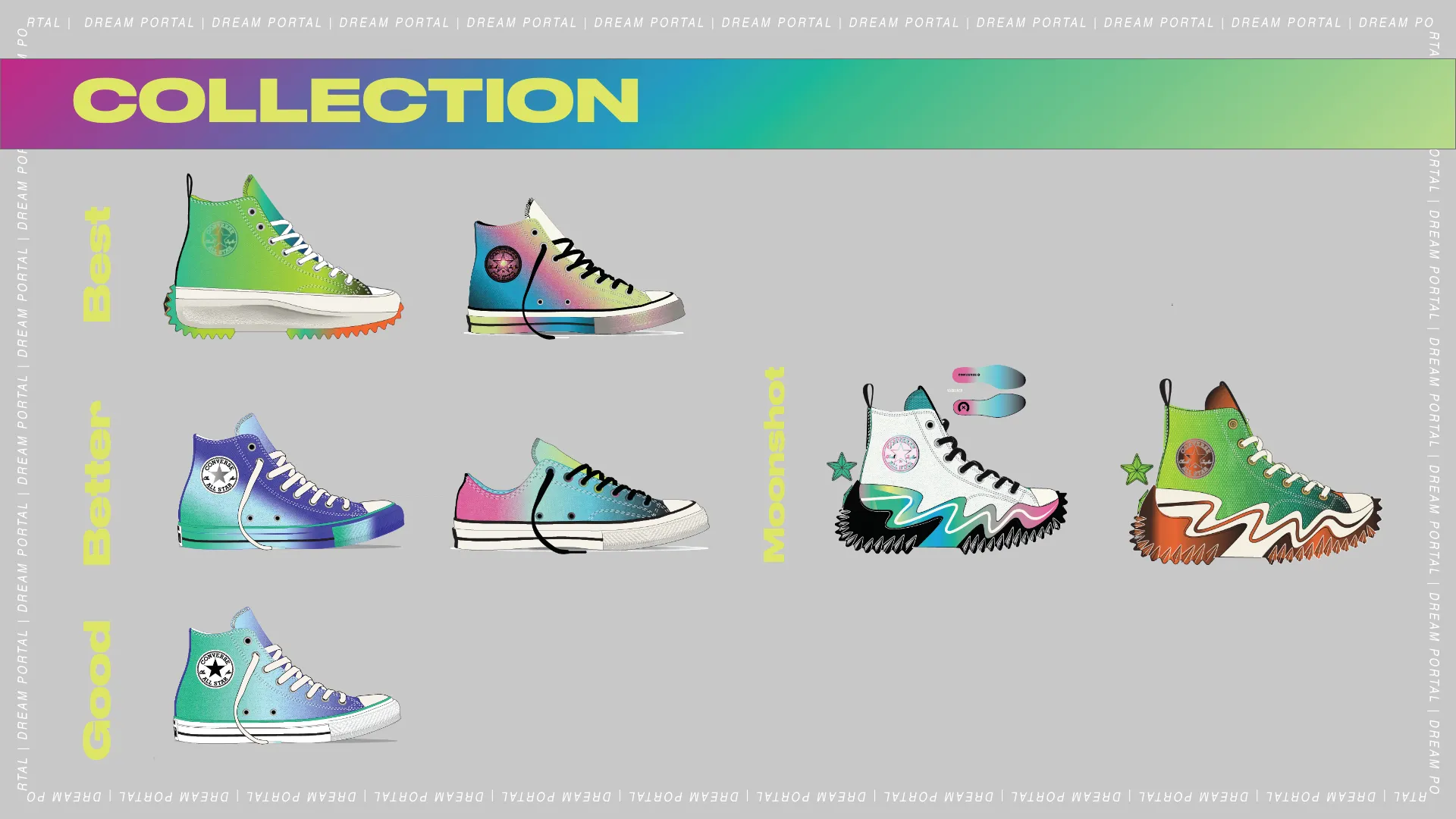Collection slide laying out the full line grouped by sub-theme, with Chuck Taylor and Run Star Hike silhouettes in each colourway