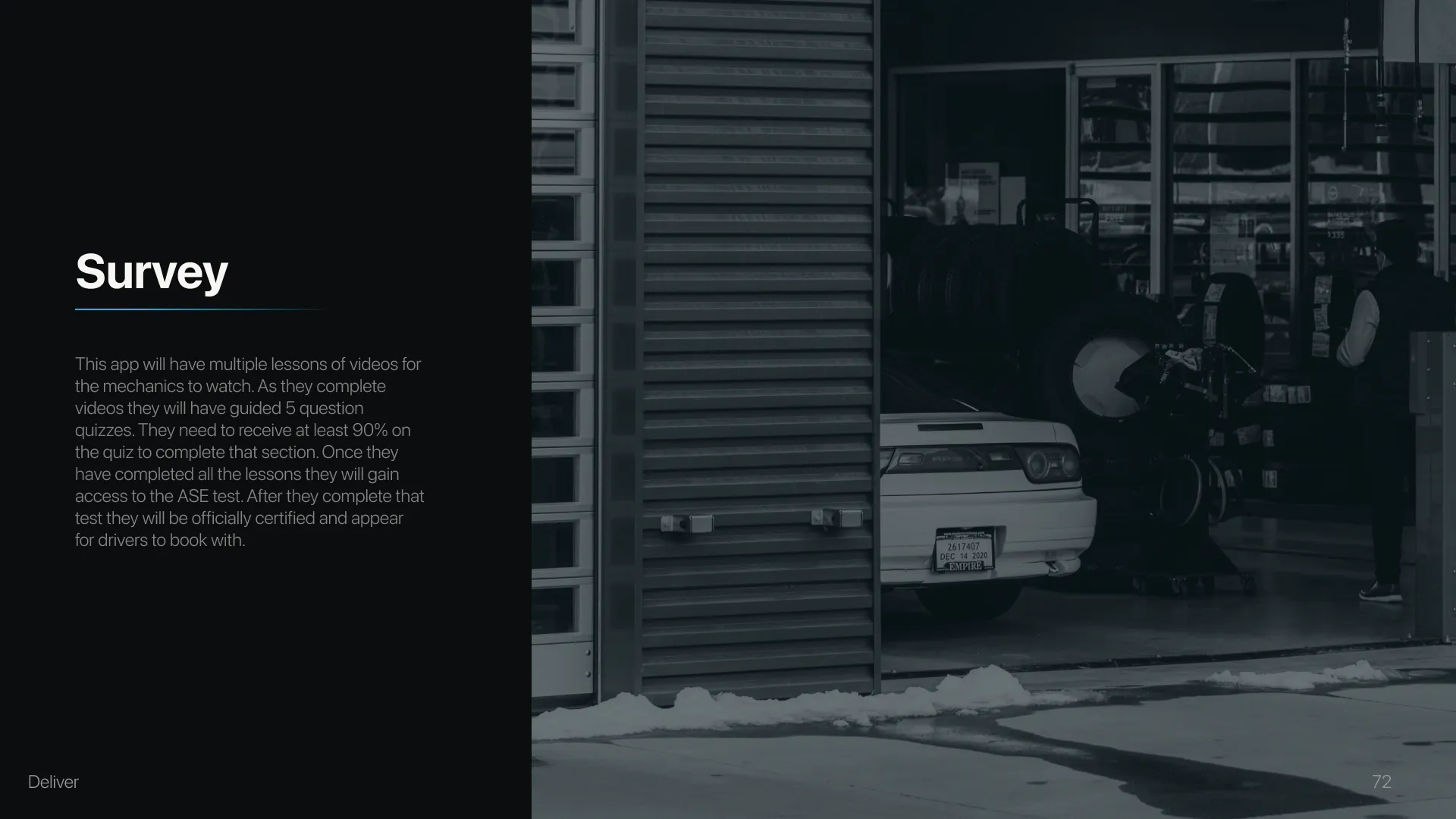 Survey section title over a photograph of a repair shop forecourt