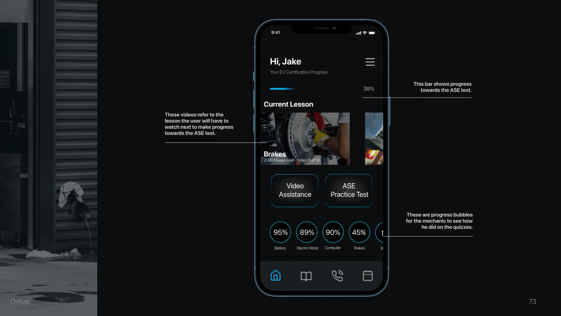 A mechanic’s home screen greeting Jake, with video assistance and current lessons