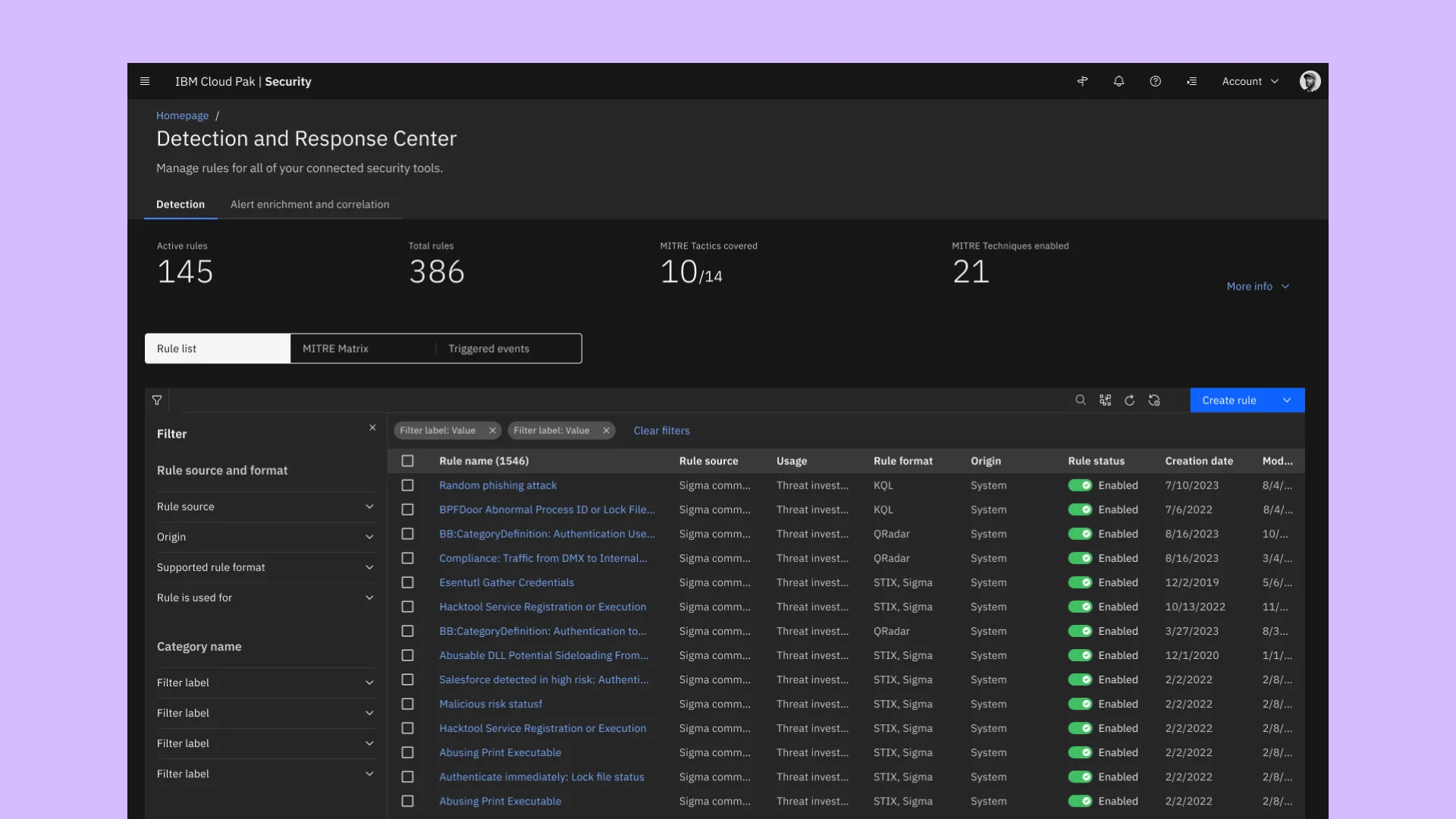 The delivered rule list view in Detection and Response Center