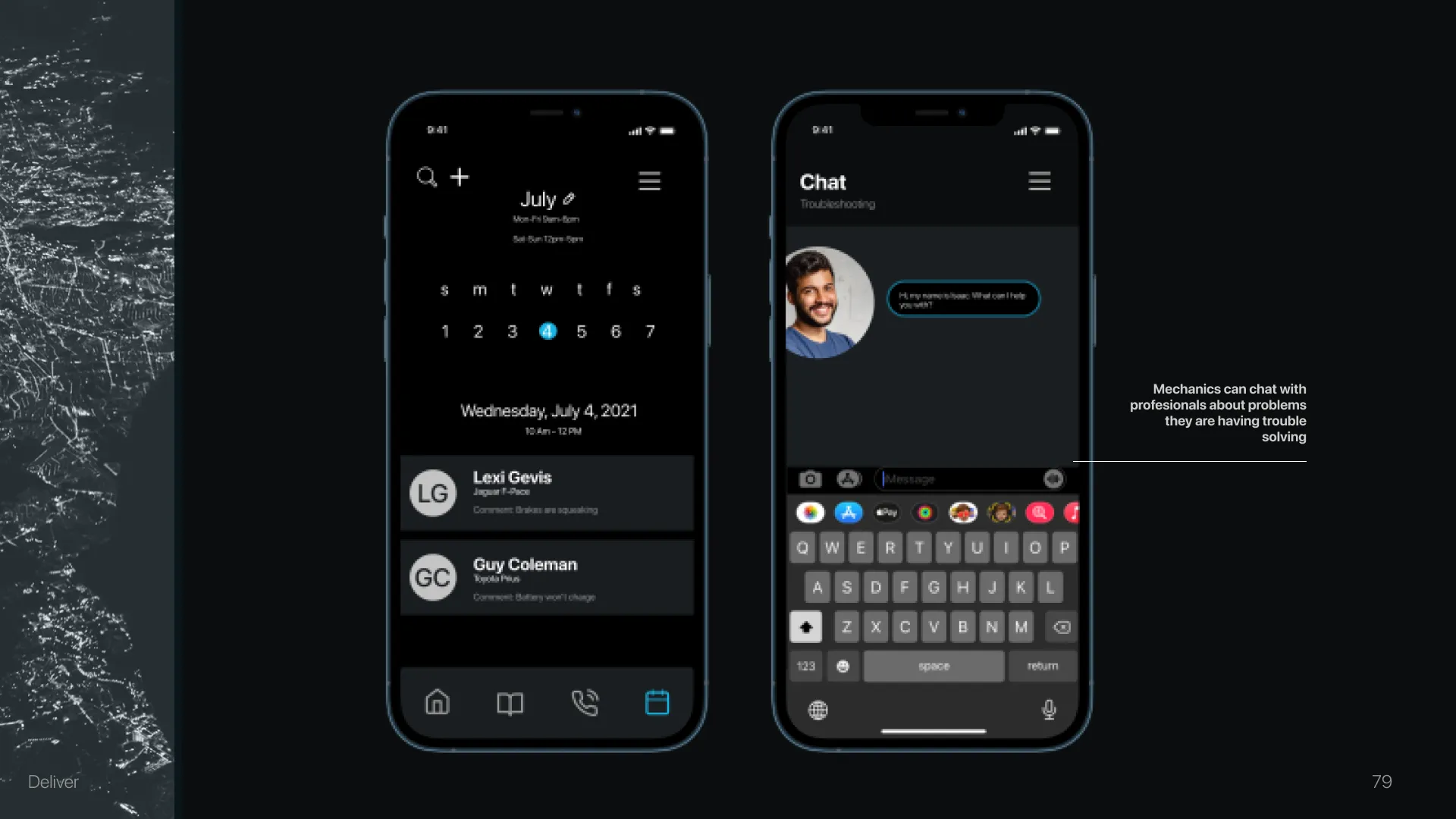 Scheduling and chat screens — a July calendar beside a conversation with a driver