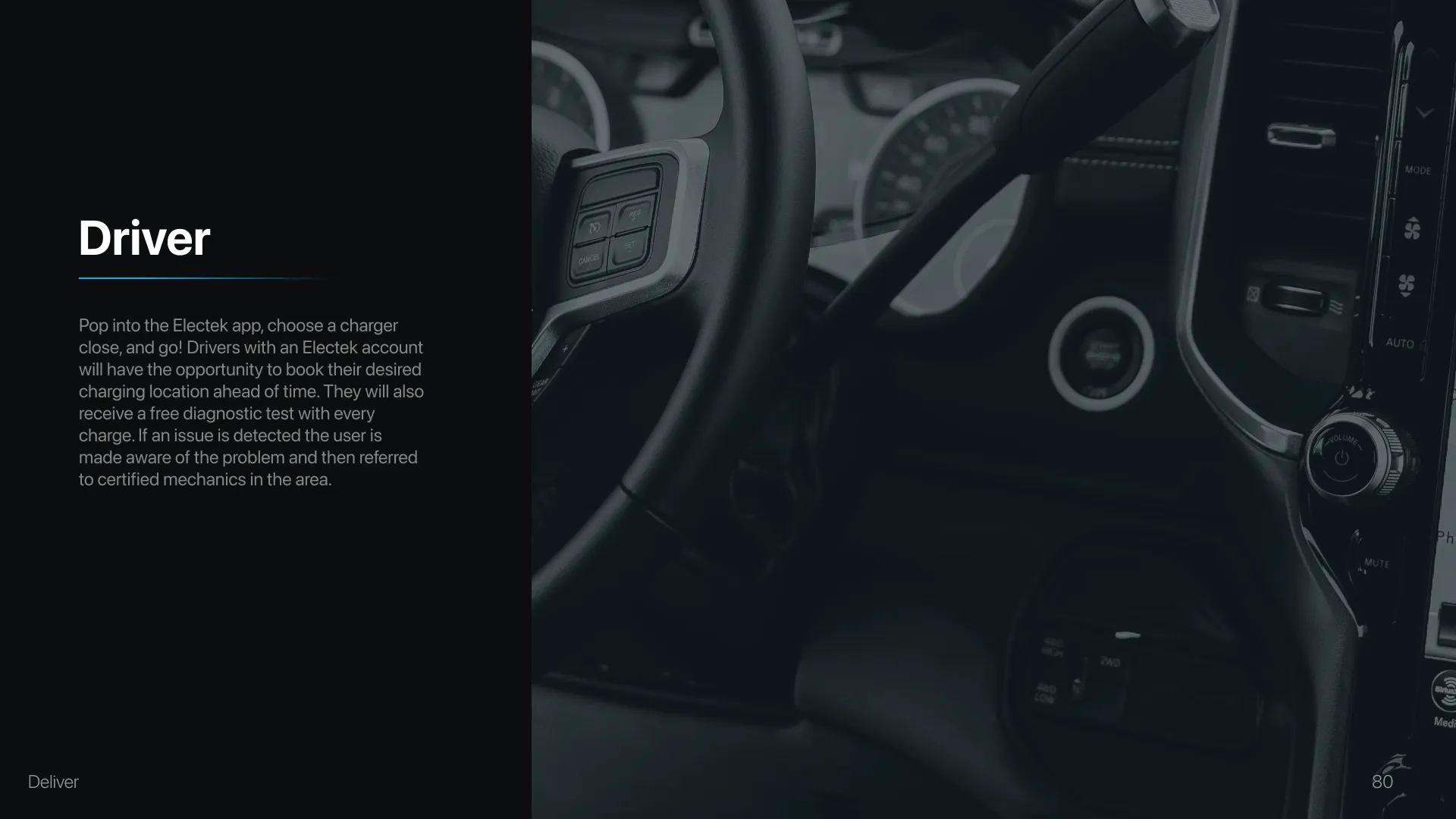 Driver section title over a photograph of a car interior and dashboard