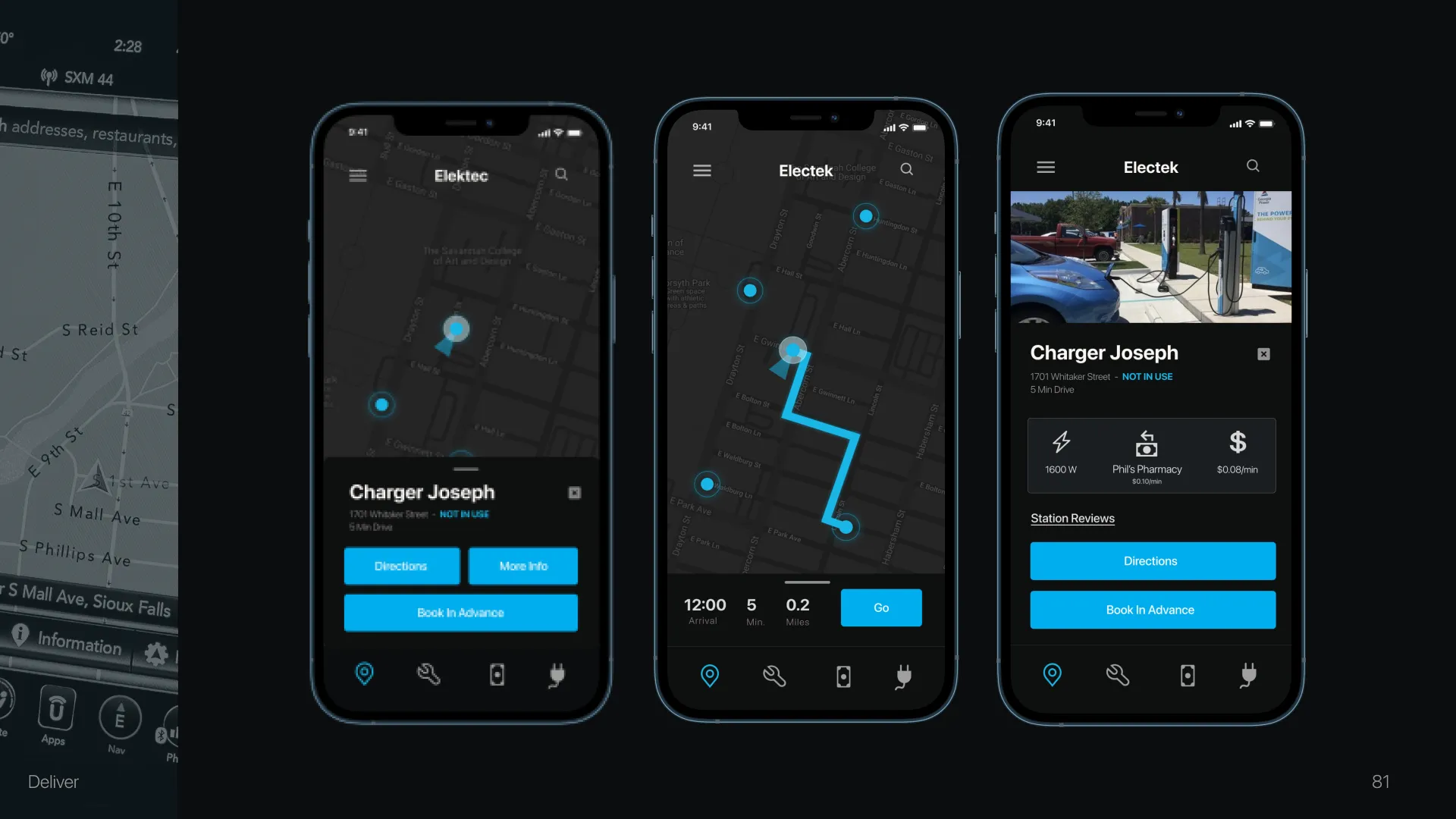 Finding a charger: a station map, the route to Charger Joseph, and its detail with pricing
