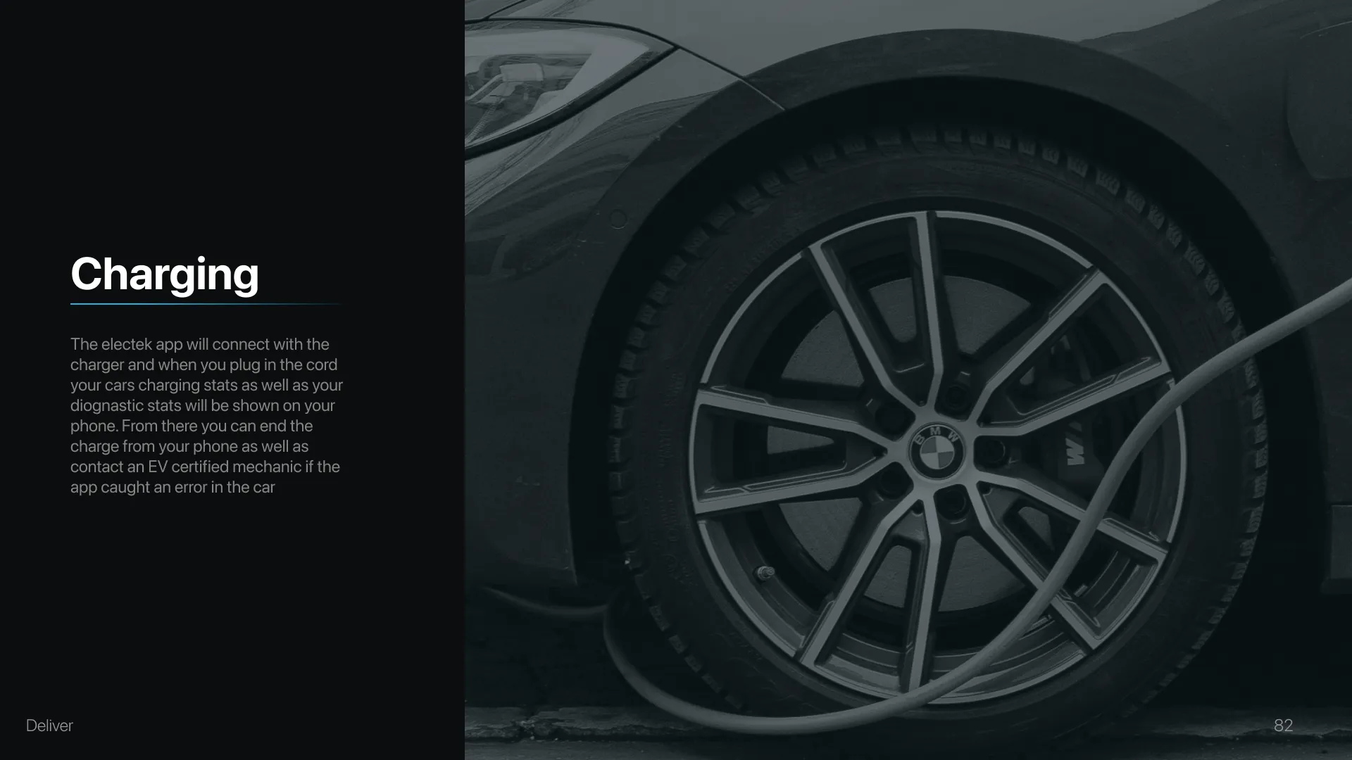 Charging section title over a photograph of a wheel and a plugged-in charge port