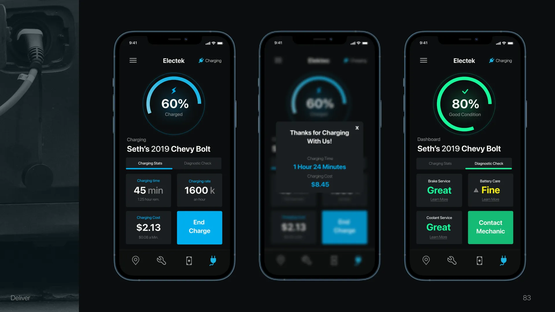 Charge status screens for a 2019 Chevy Bolt: percentage, time to charge and battery health
