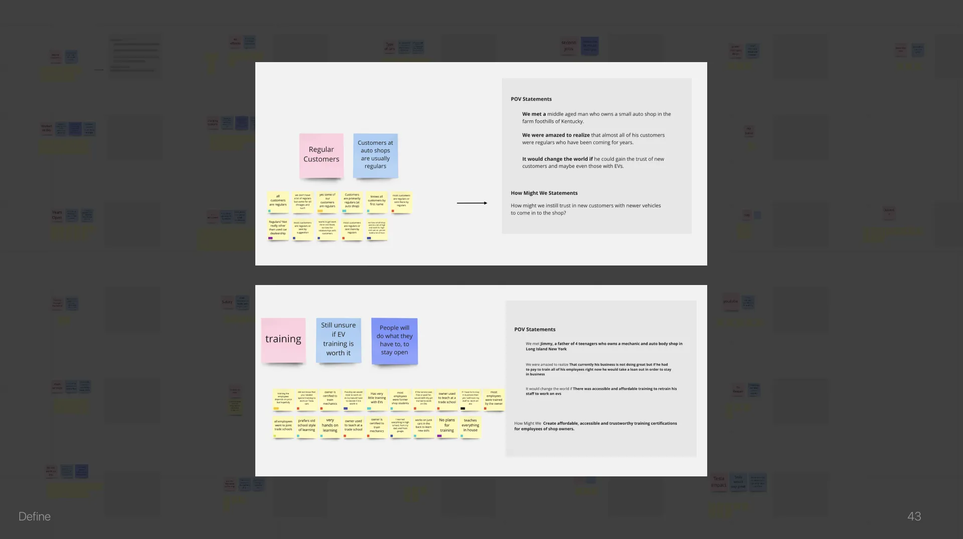 A closer view of two affinity clusters, colour-coded notes grouped beside written findings