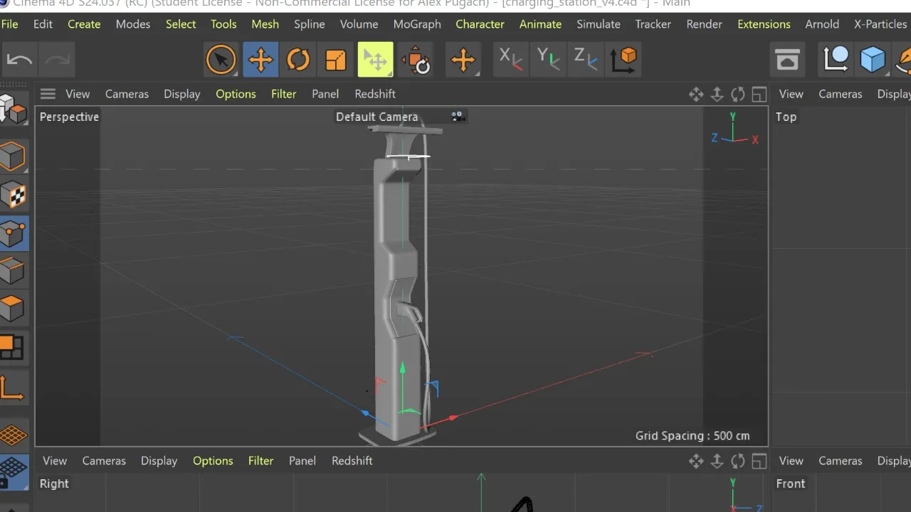 Cinema4D viewport with the charger modelled in grey geometry, seen from the front and side