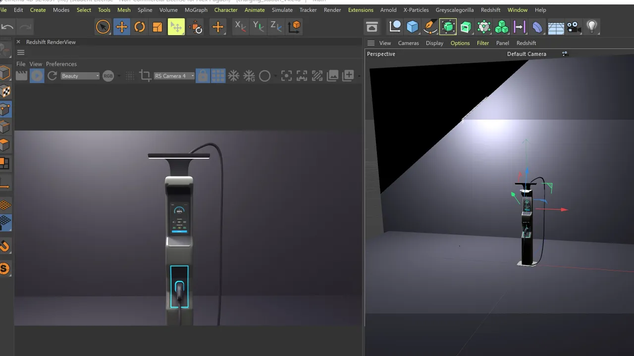 Cinema4D viewport of the studio lighting setup, a dome light and a point light shaping the charger