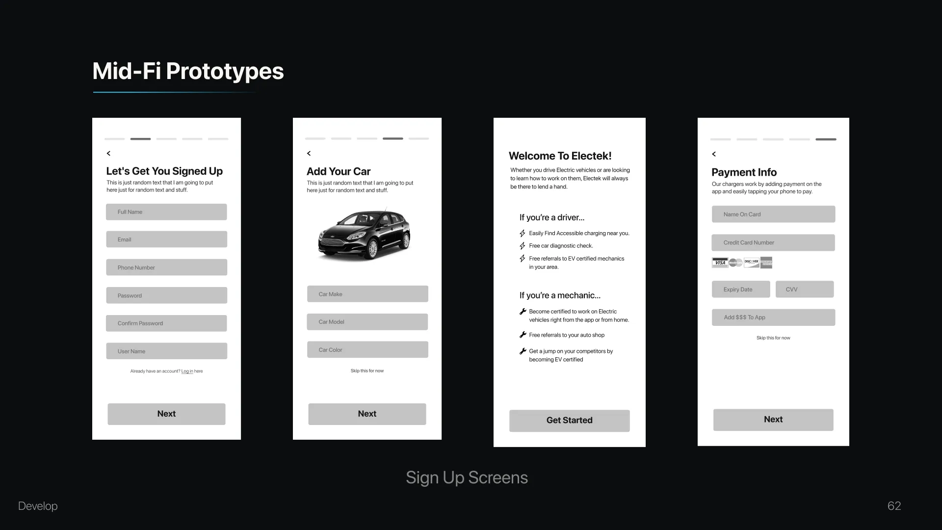 Mid-fi sign-up screens: account creation, adding your car, a welcome step and a fingerprint prompt