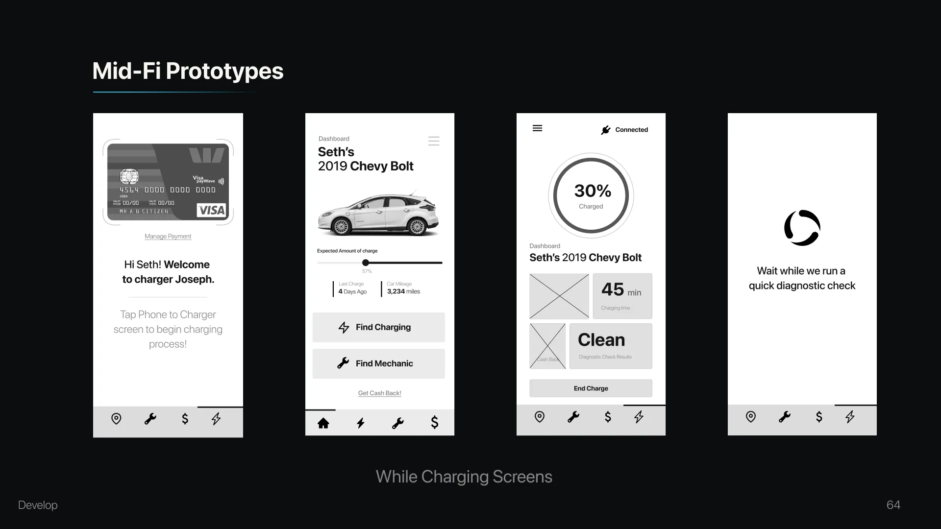Mid-fi while-charging screens showing charge percentage, vehicle details and a diagnostic check