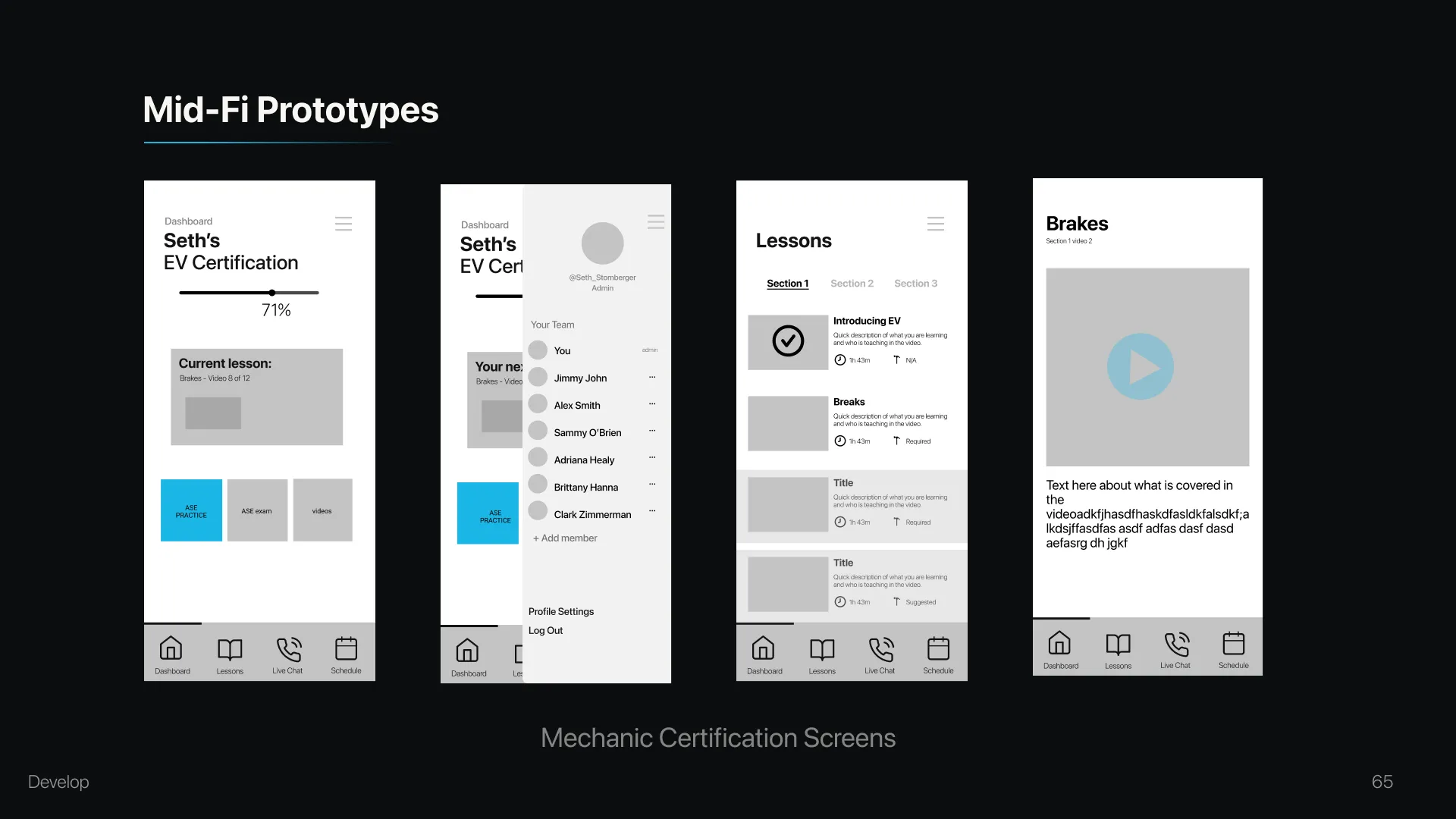 Mid-fi mechanic certification screens: EV certification progress, lessons and a training video