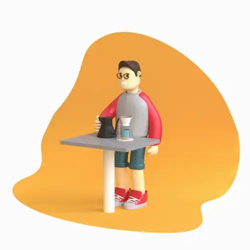 A 3D character of Alex at a desk, pouring a cup of coffee on a loop